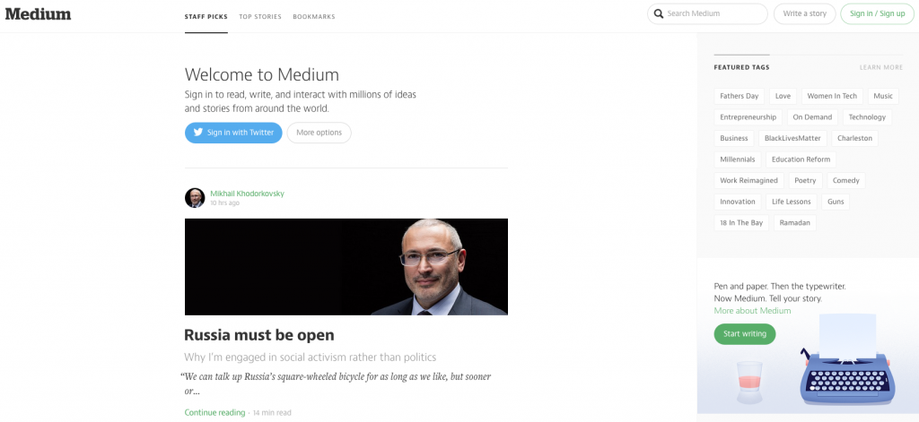 Medium's front page is easy to read and navigate.